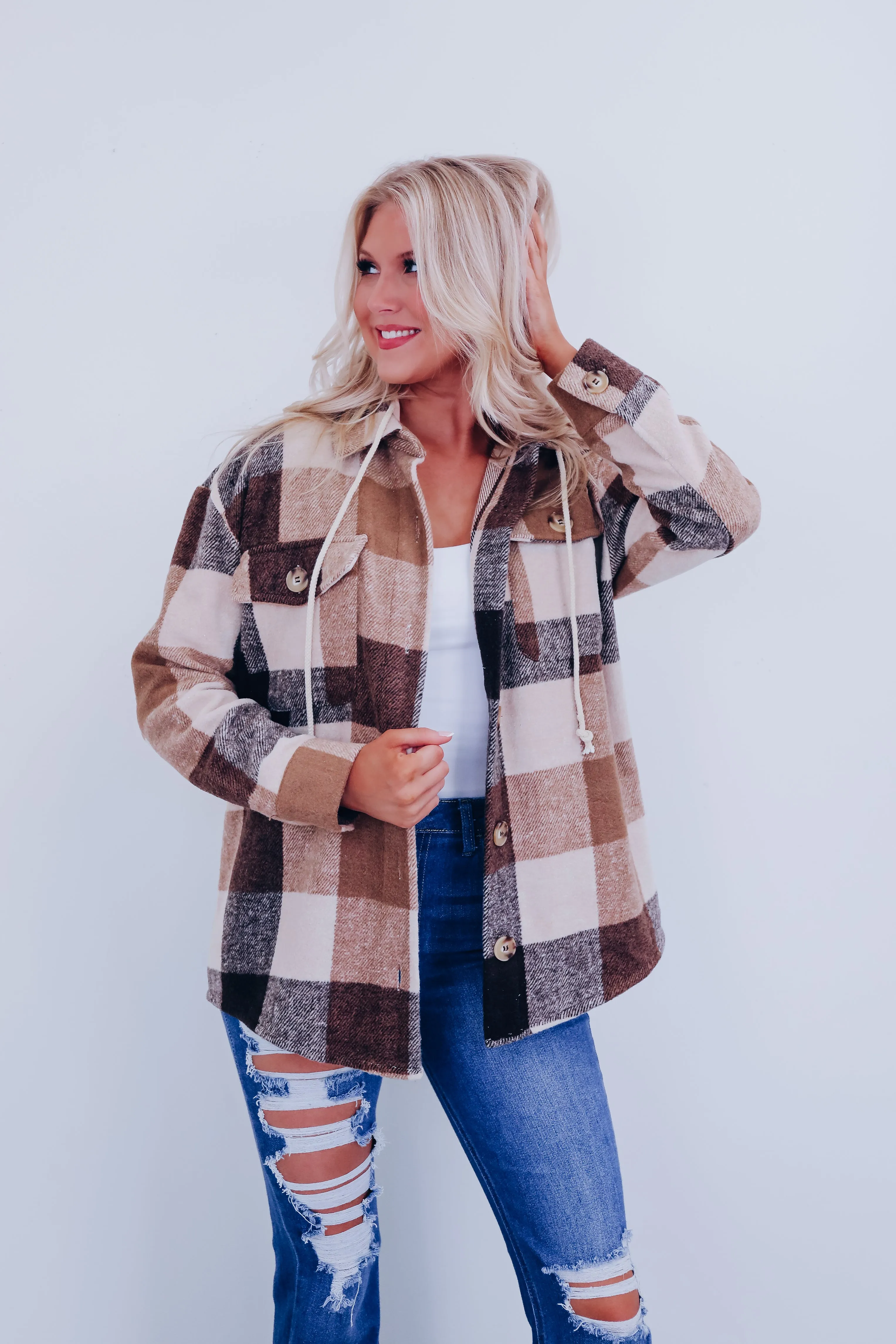 Campfire Cozy Plaid Hoodie Shacket - Camel