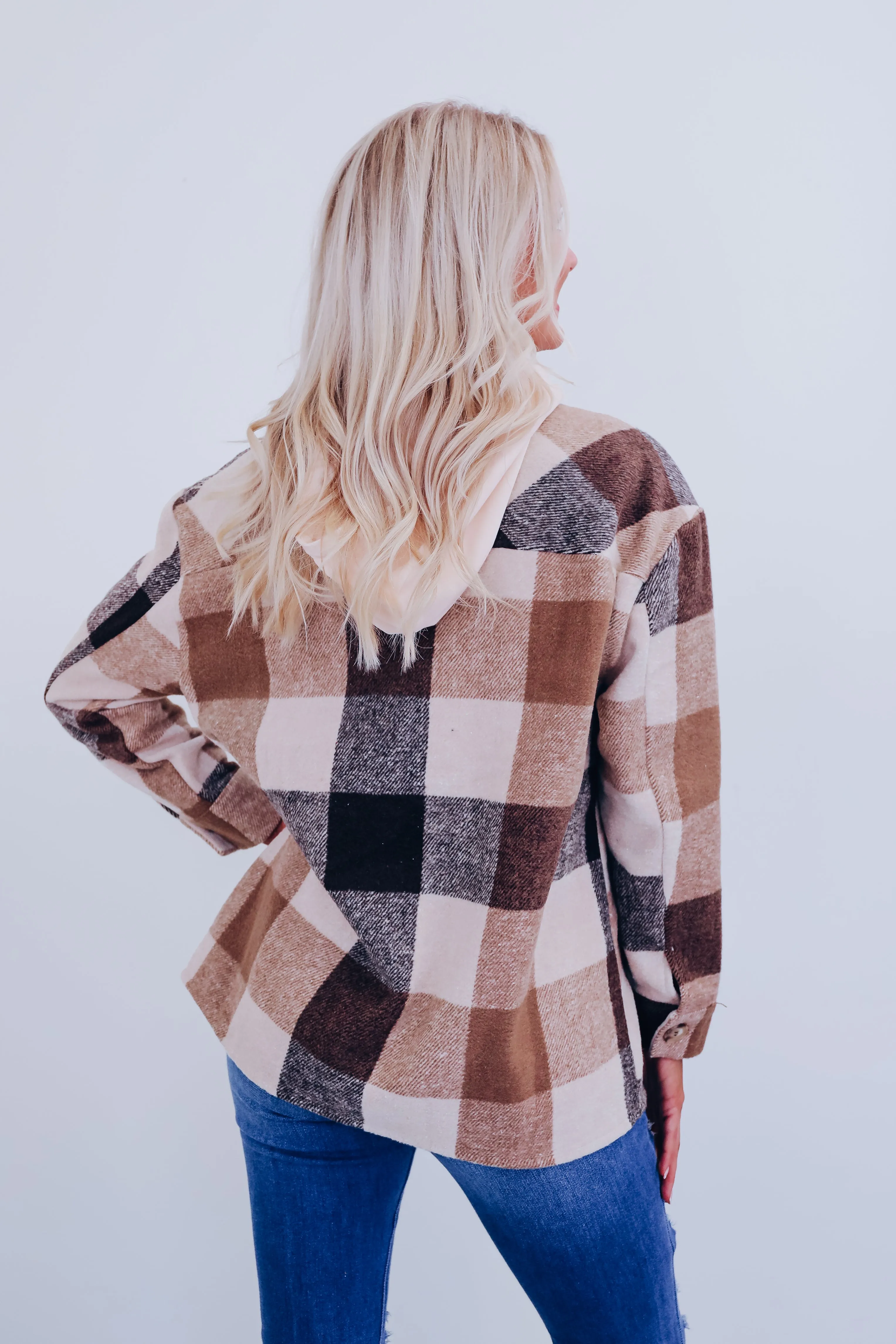 Campfire Cozy Plaid Hoodie Shacket - Camel