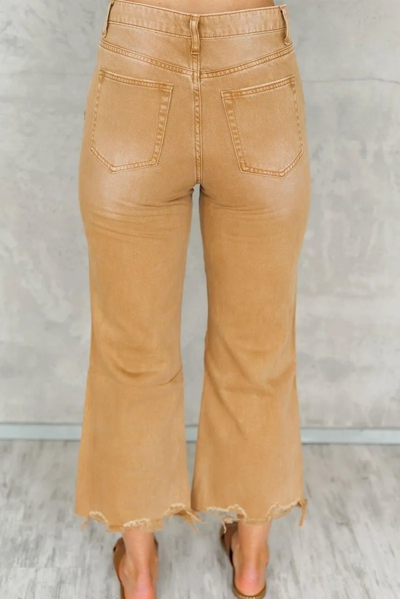 Caramel Distressed High Waist Cropped Flare Denim