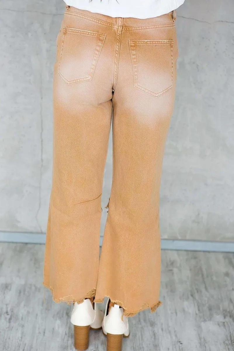 Caramel Distressed High Waist Cropped Flare Denim