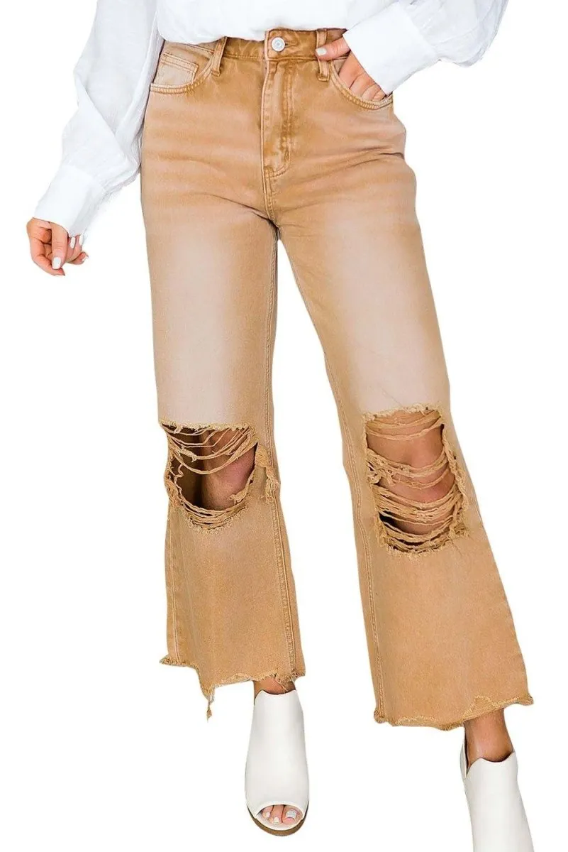 Caramel Distressed High Waist Cropped Flare Denim