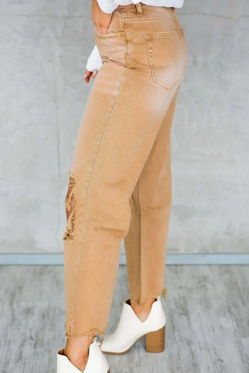 Caramel Distressed High Waist Cropped Flare Denim