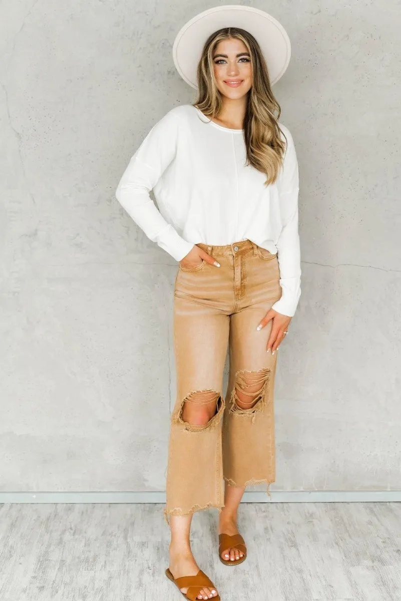 Caramel Distressed High Waist Cropped Flare Denim