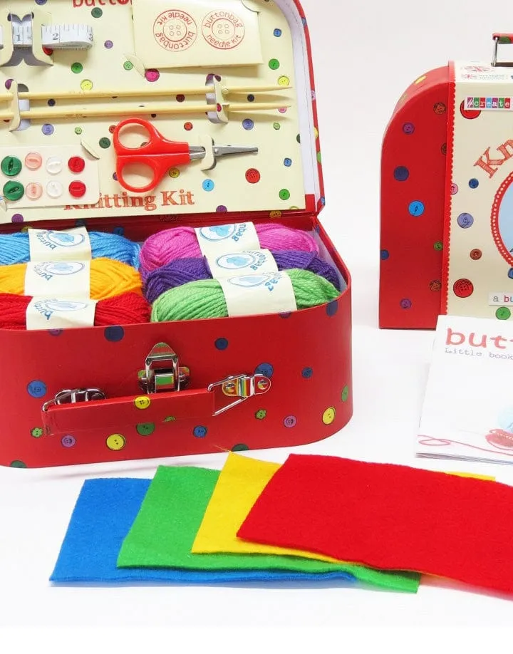 Children's Learn to Knit Suitcase Kit, Buttonbag