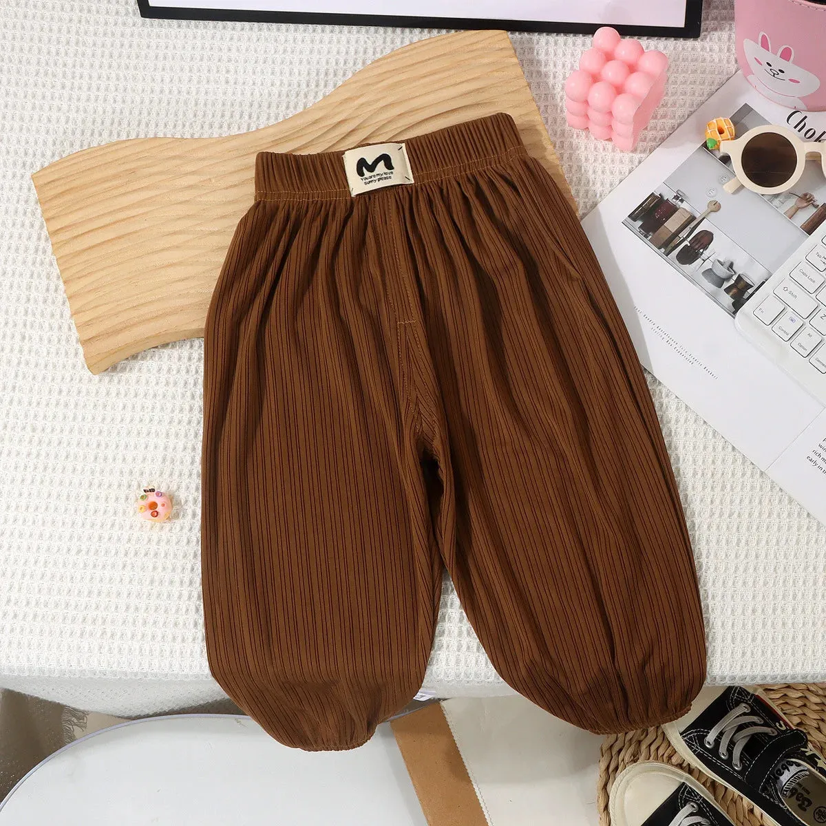 Children's Mosquito Pants Ice Silk Pants for Kids Solid Color Boys Girls Trousers Stripes Baby Bloomers Toddler Joggers Clothes