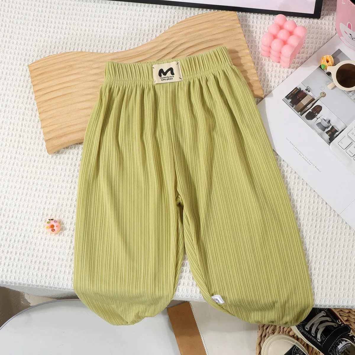 Children's Mosquito Pants Ice Silk Pants for Kids Solid Color Boys Girls Trousers Stripes Baby Bloomers Toddler Joggers Clothes