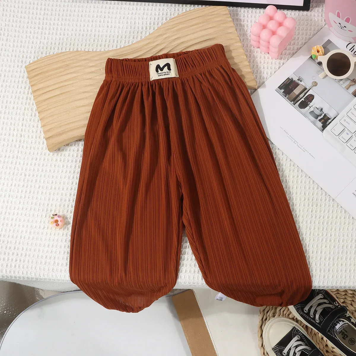 Children's Mosquito Pants Ice Silk Pants for Kids Solid Color Boys Girls Trousers Stripes Baby Bloomers Toddler Joggers Clothes