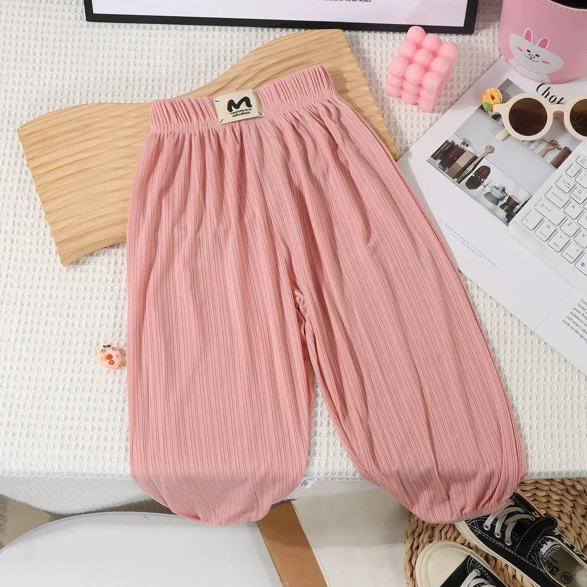 Children's Mosquito Pants Ice Silk Pants for Kids Solid Color Boys Girls Trousers Stripes Baby Bloomers Toddler Joggers Clothes