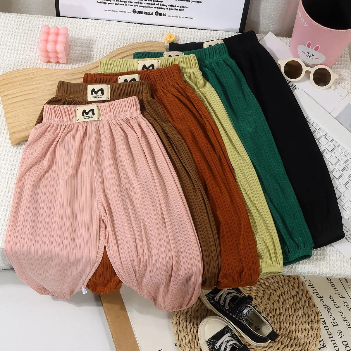 Children's Mosquito Pants Ice Silk Pants for Kids Solid Color Boys Girls Trousers Stripes Baby Bloomers Toddler Joggers Clothes