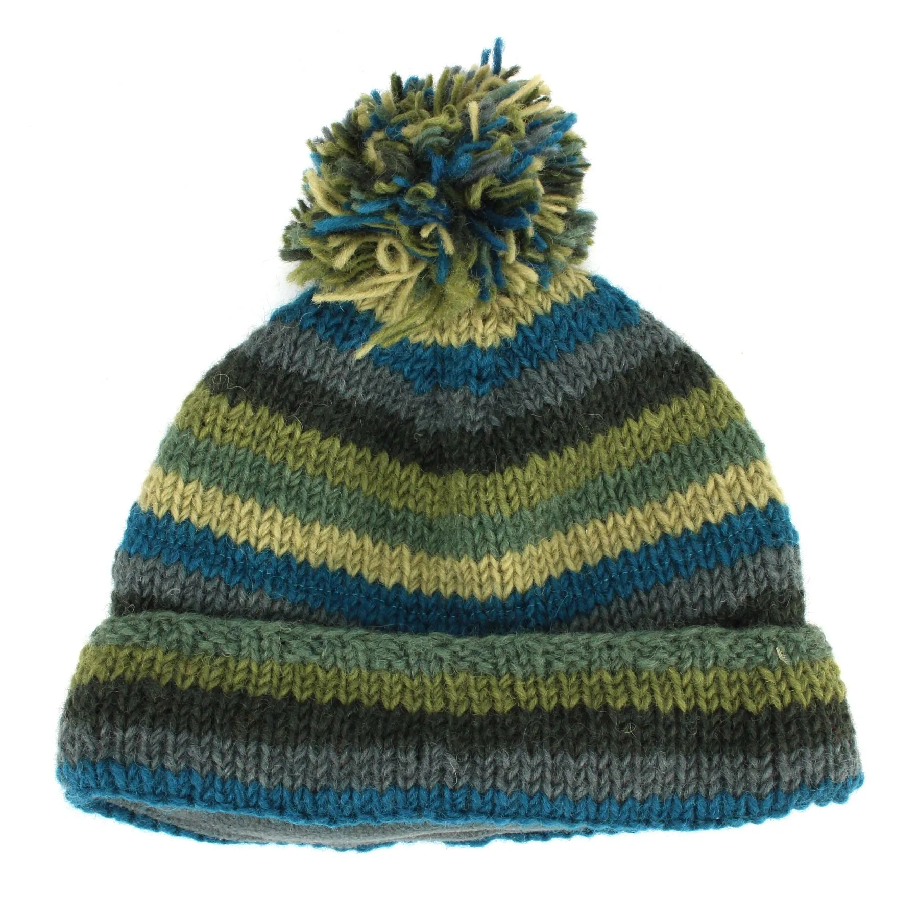 Chunky Wool Knit Beanie Bobble Hat - Stripe Green Blue