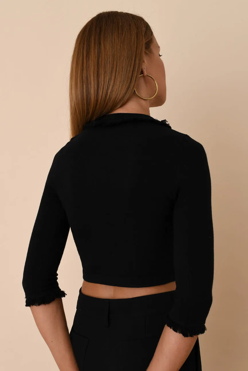 Coal Peachskin Fringe 3/4 Sleeve Crop Crew Neck