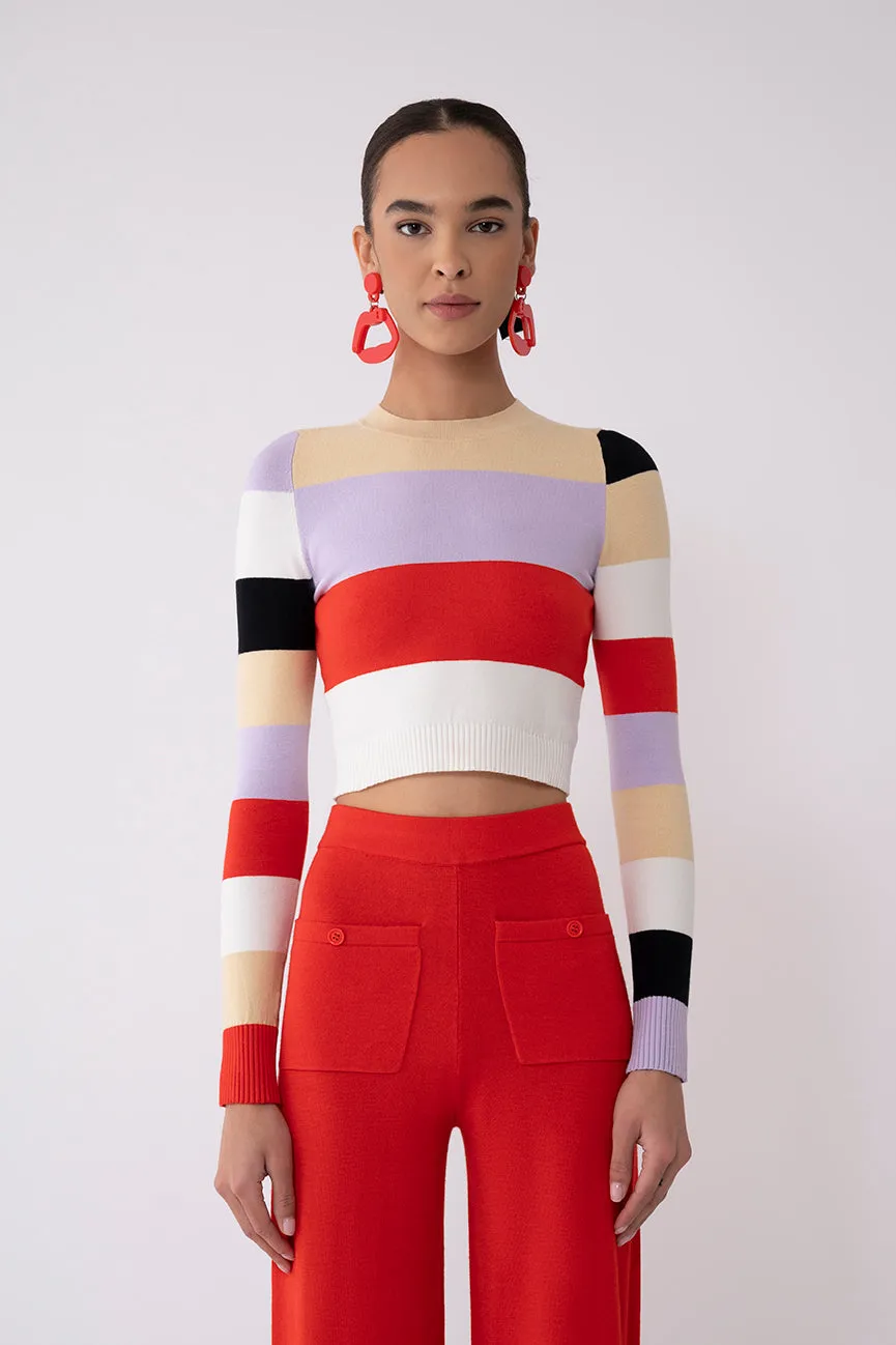 Color Block Peachskin Long Sleeve Crop Crew Neck