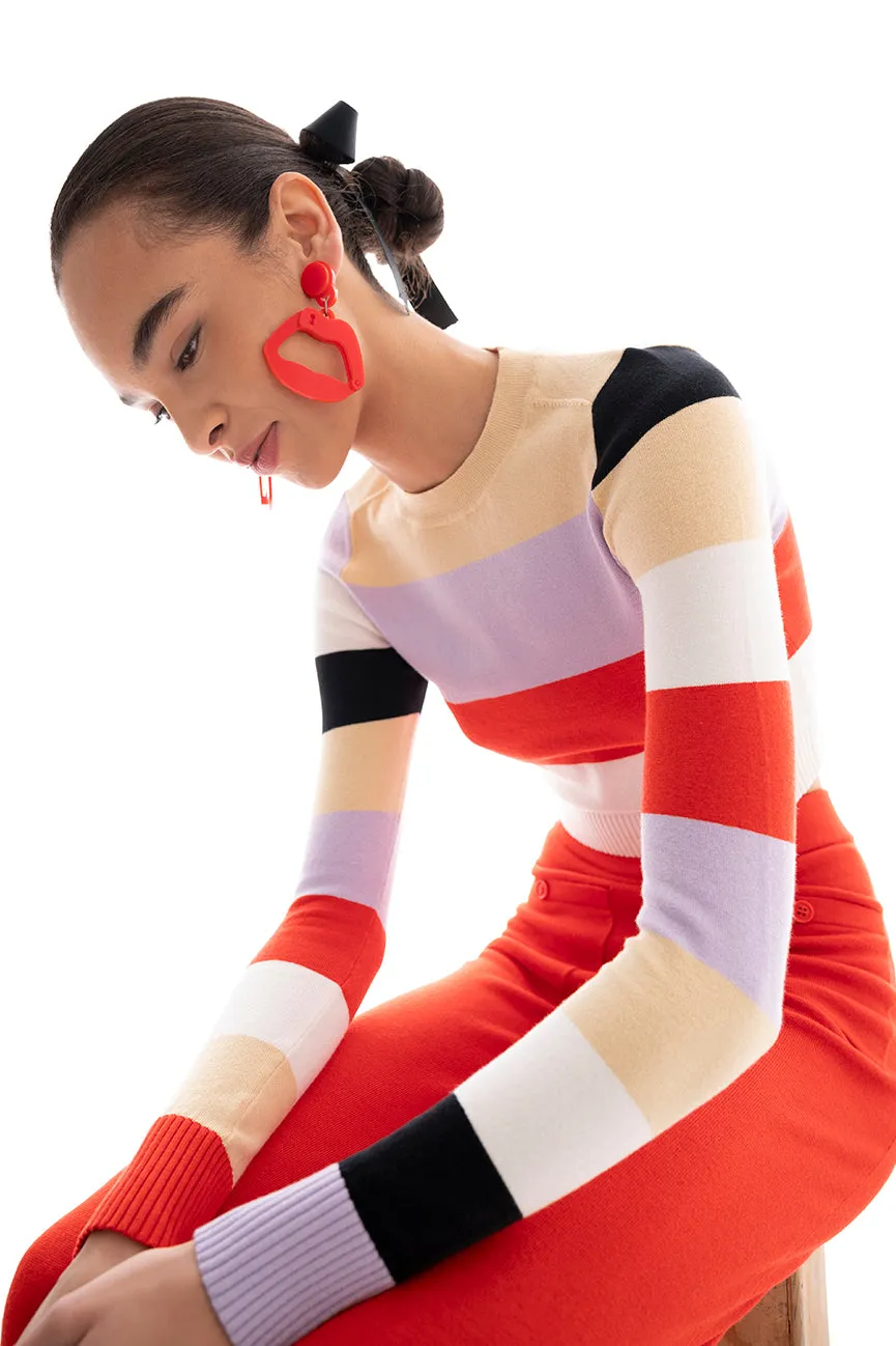 Color Block Peachskin Long Sleeve Crop Crew Neck