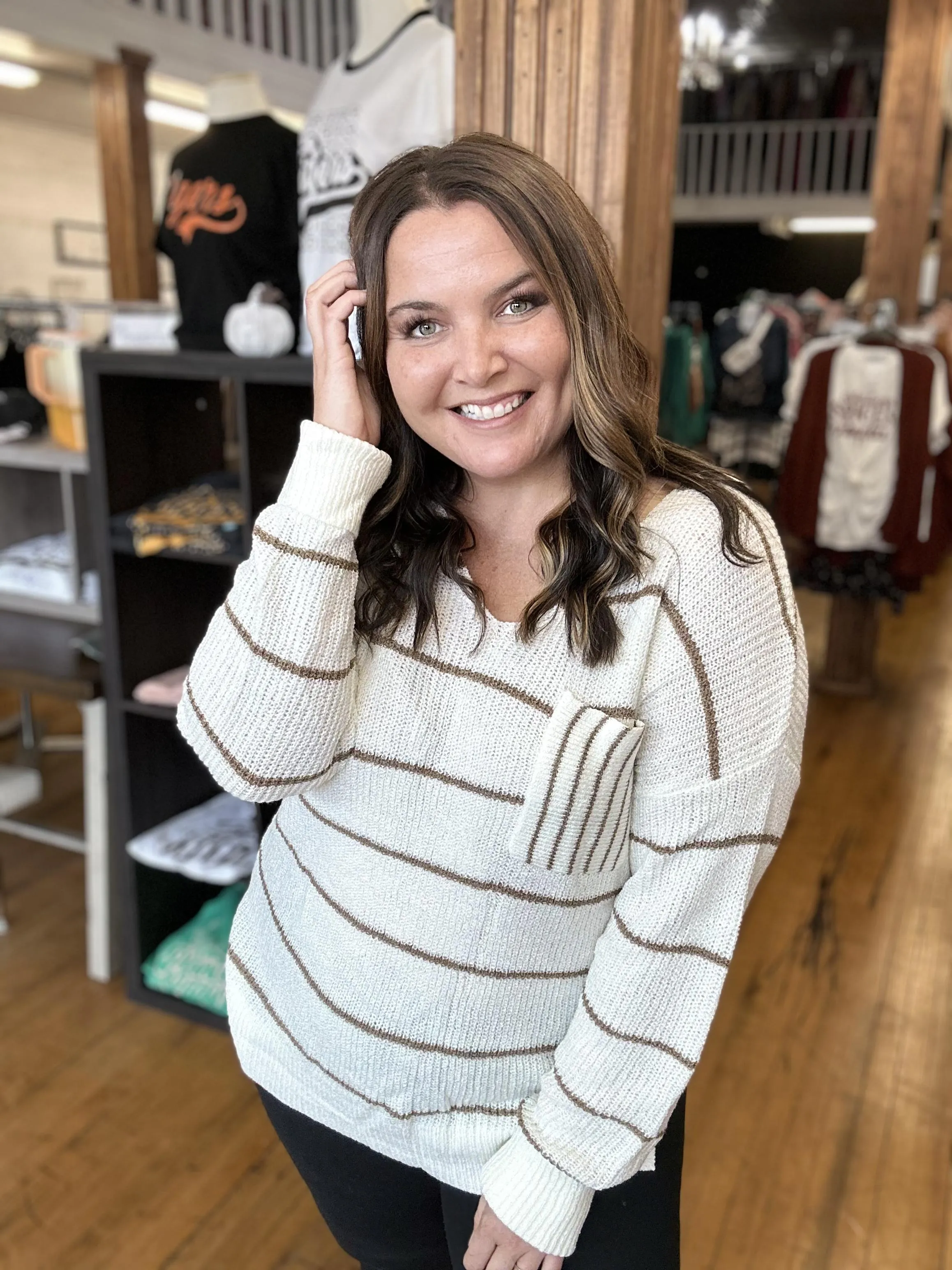 Cream & Brown Striped Sweater - Plus