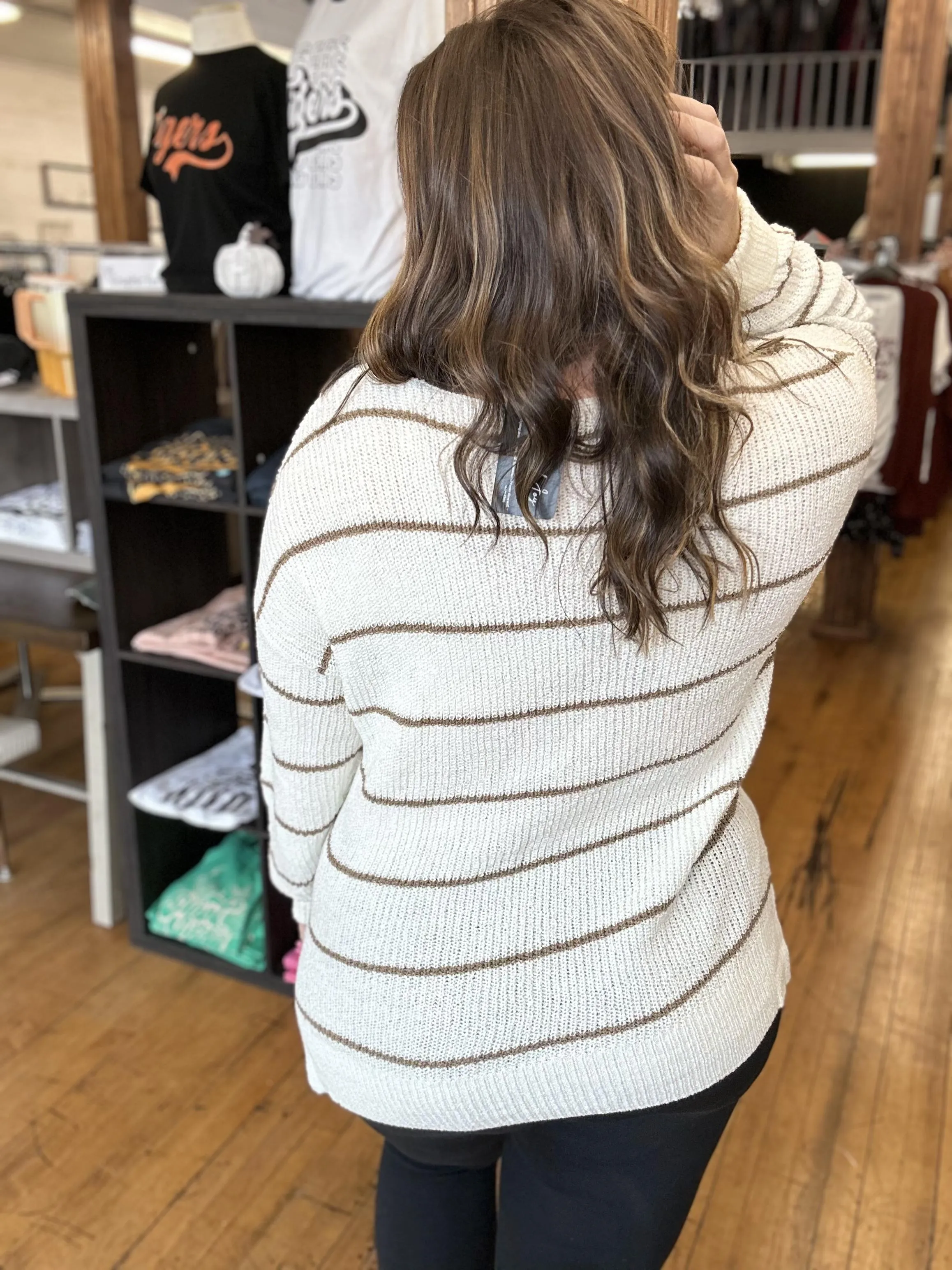 Cream & Brown Striped Sweater - Plus