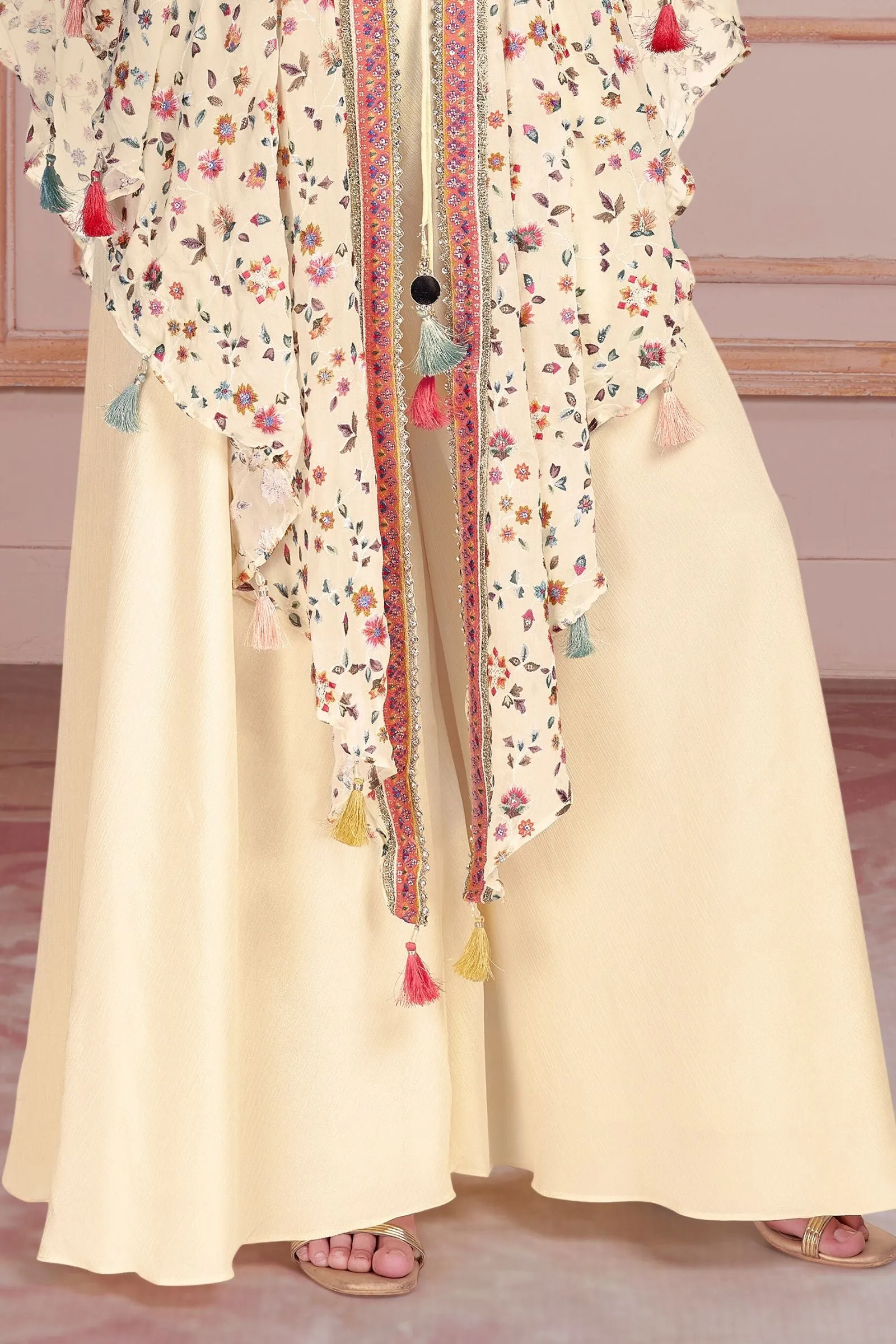 Cream Multicolor Embroidery, Zari and Sequins work Overcoat Styled Palazzo Set for Girls