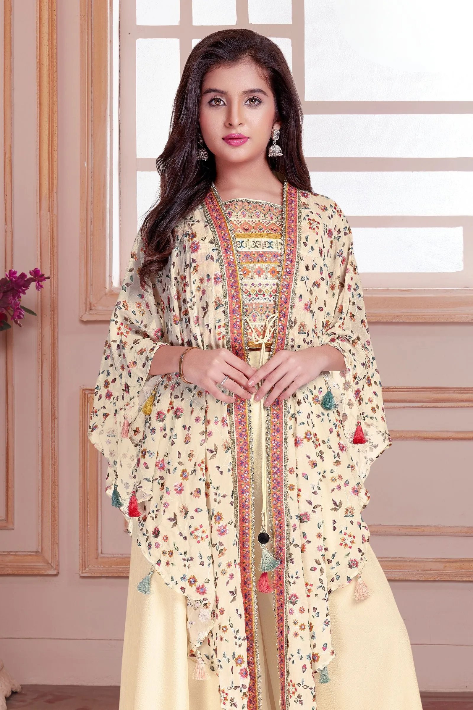 Cream Multicolor Embroidery, Zari and Sequins work Overcoat Styled Palazzo Set for Girls