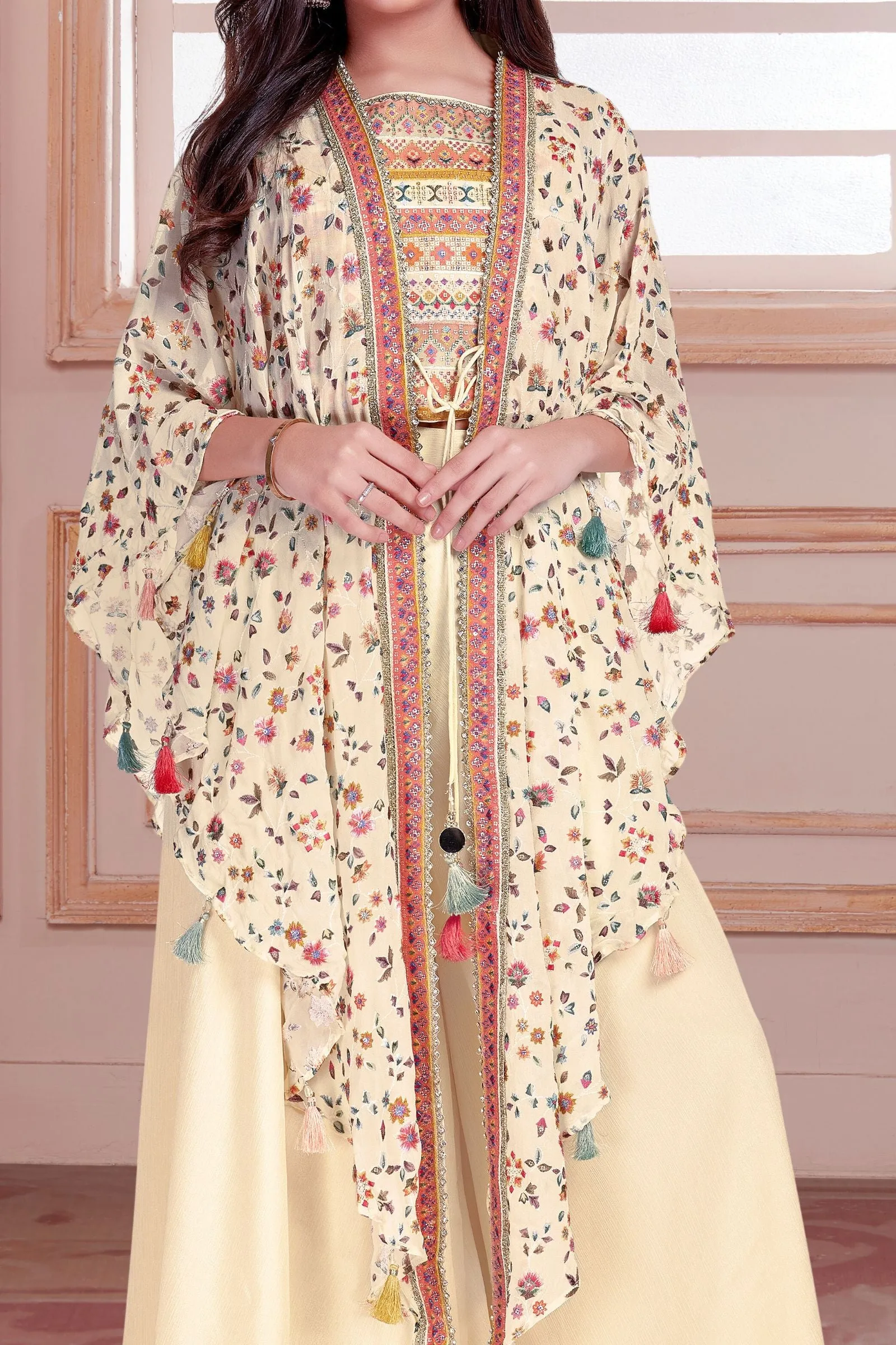 Cream Multicolor Embroidery, Zari and Sequins work Overcoat Styled Palazzo Set for Girls