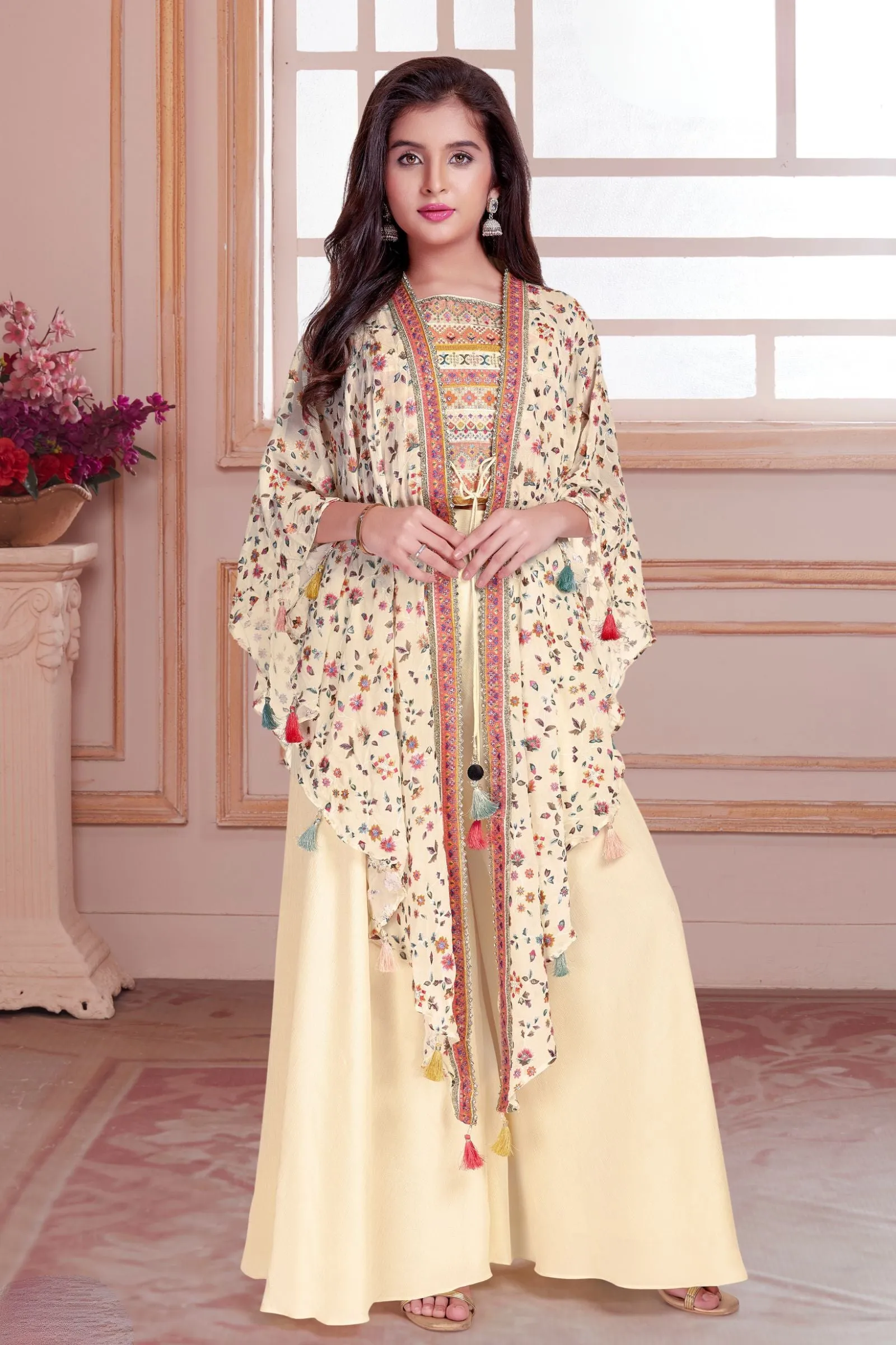 Cream Multicolor Embroidery, Zari and Sequins work Overcoat Styled Palazzo Set for Girls