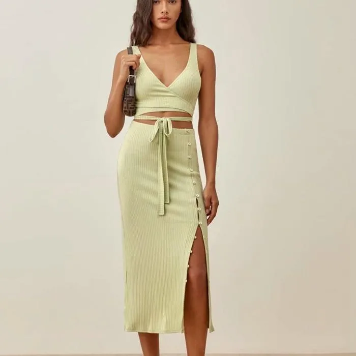 Cross Bandage Women Tank Top High Waist Split Skirt