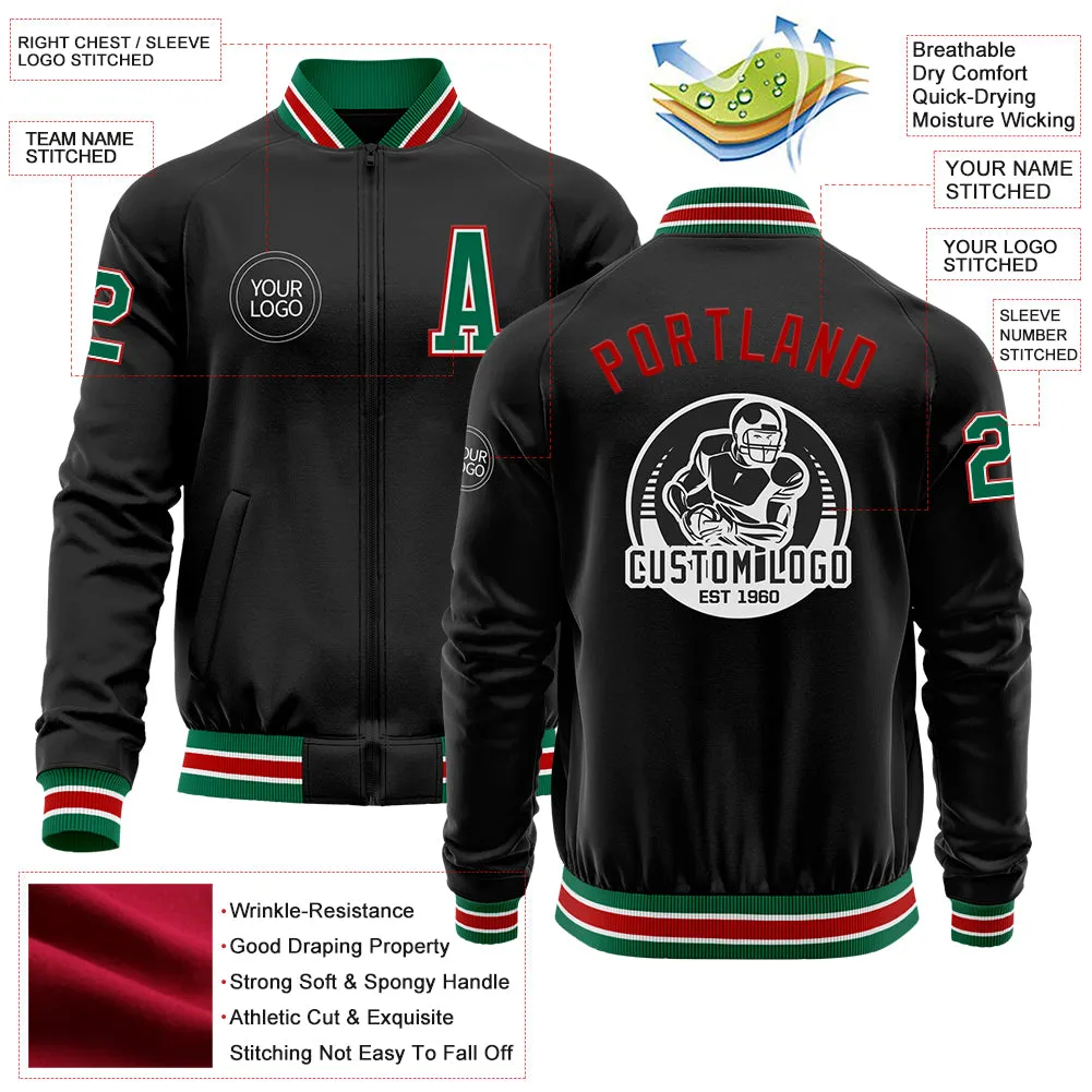 Custom Black Kelly Green-Red Bomber Varsity Letterman Zipper Jacket