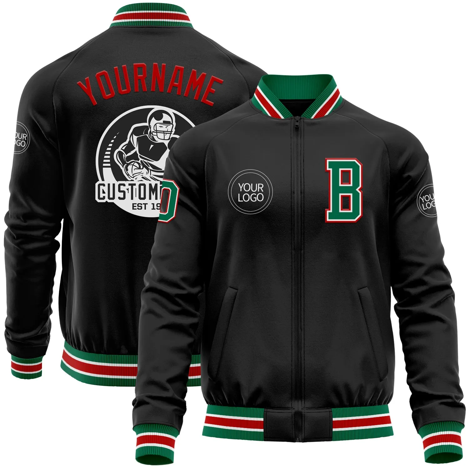 Custom Black Kelly Green-Red Bomber Varsity Letterman Zipper Jacket