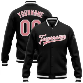 Custom Black Medium Pink-White Bomber Full-Snap Varsity Letterman Jacket