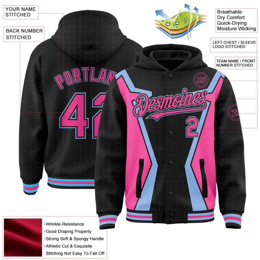 Custom Black Pink-Light Blue Arrow 3D Pattern Design Bomber Full-Snap Varsity Letterman Hoodie Jacket