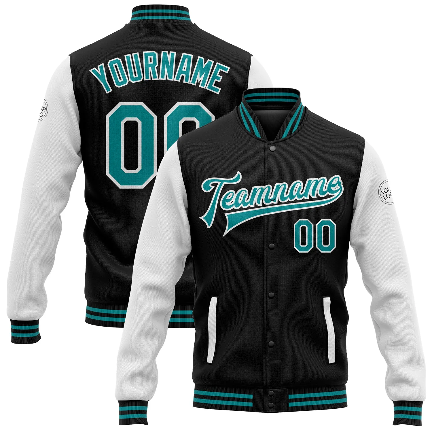 Custom Black Teal-White Bomber Full-Snap Varsity Letterman Two Tone Jacket