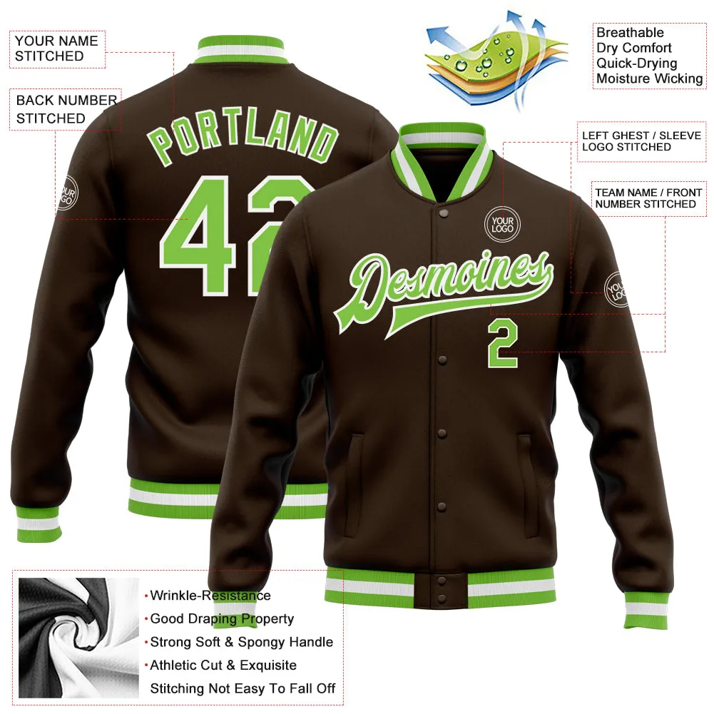 Custom Brown Neon Green-White Bomber Full-Snap Varsity Letterman Jacket