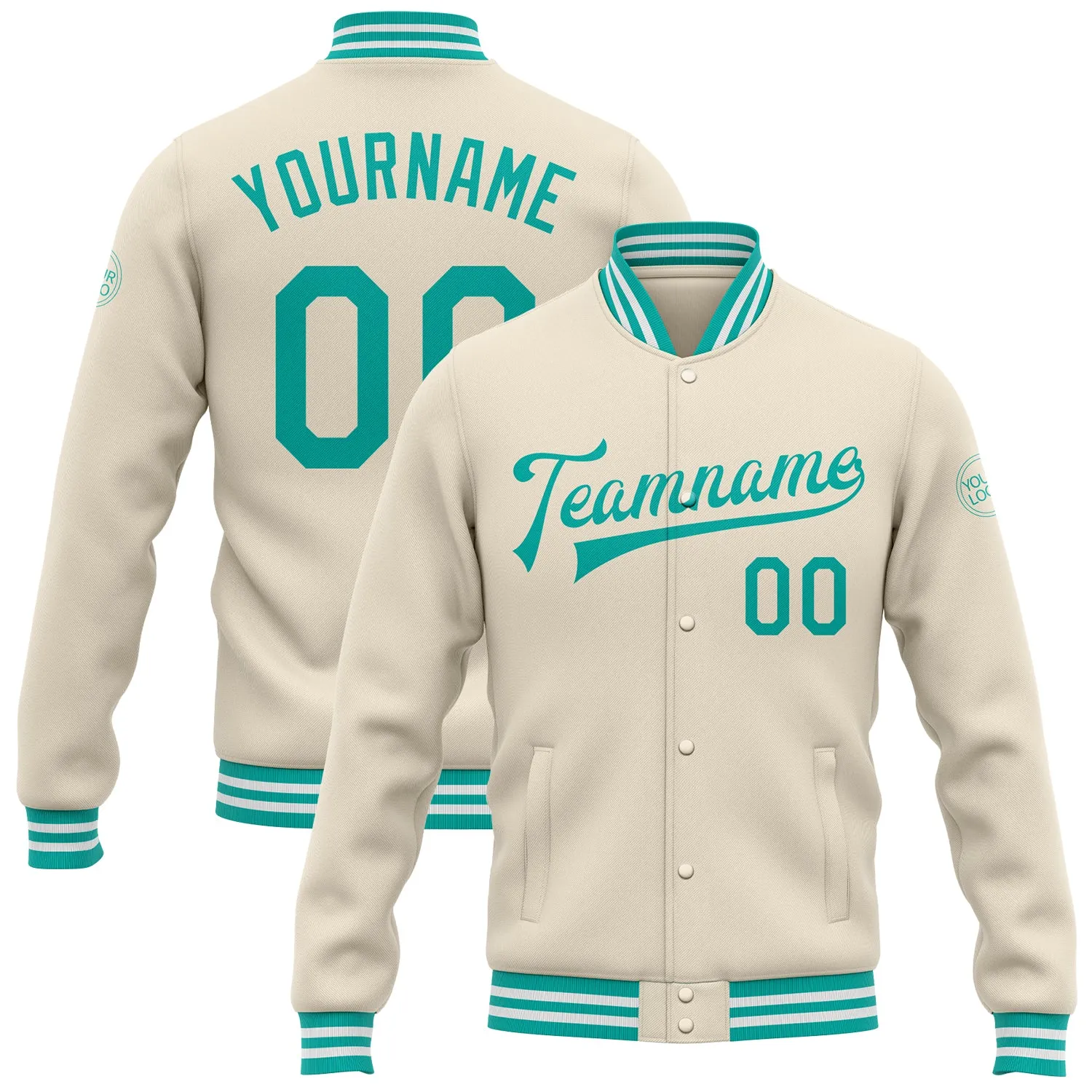 Custom Cream Aqua-White Bomber Full-Snap Varsity Letterman Jacket