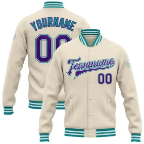 Custom Cream Purple-Teal Bomber Full-Snap Varsity Letterman Jacket