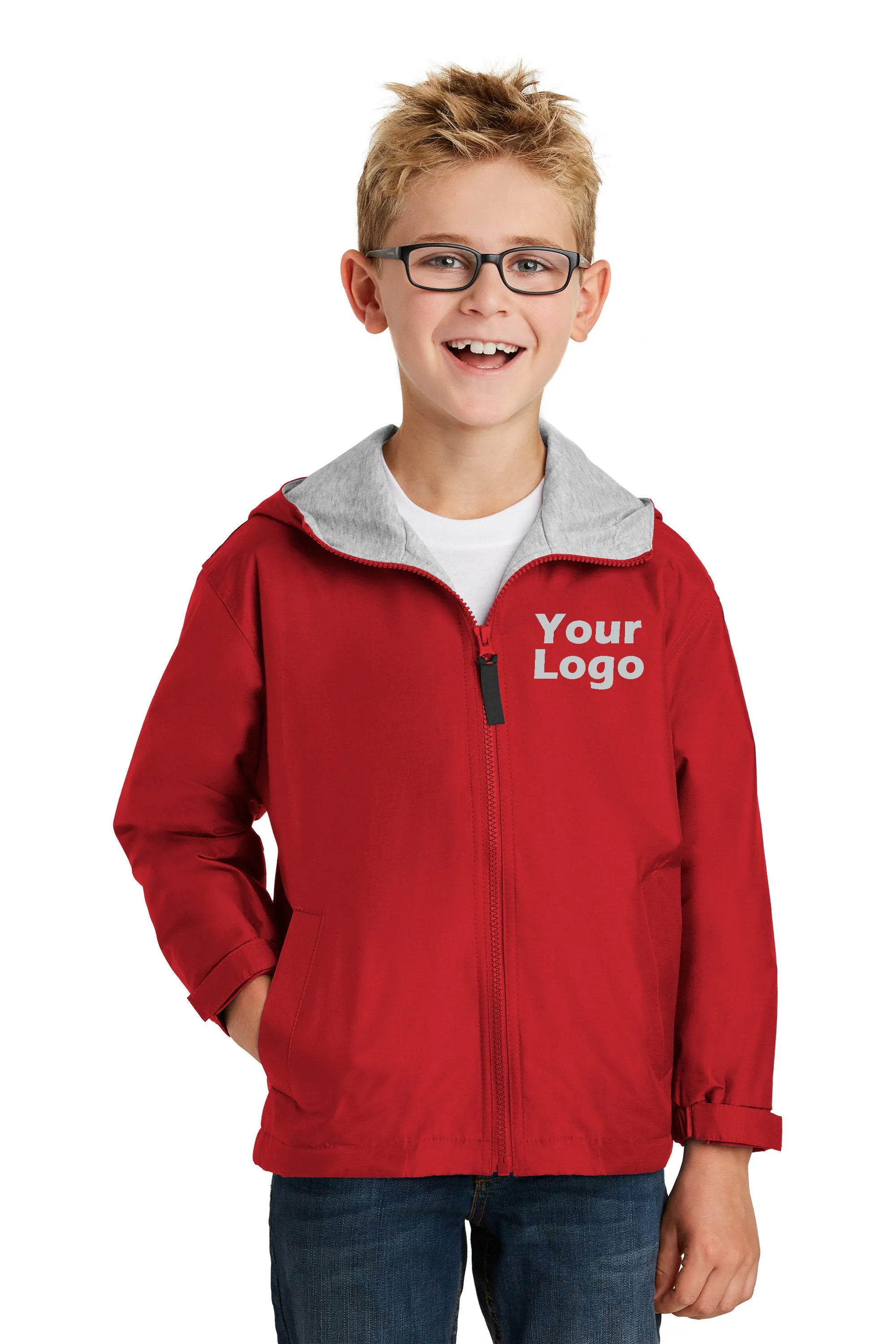 Custom Embroider Youth Team Jacket - Nylon Wind and Water Resistant Outer Shell with Comfy Sweatshirt Fabric Body and Hood Lining