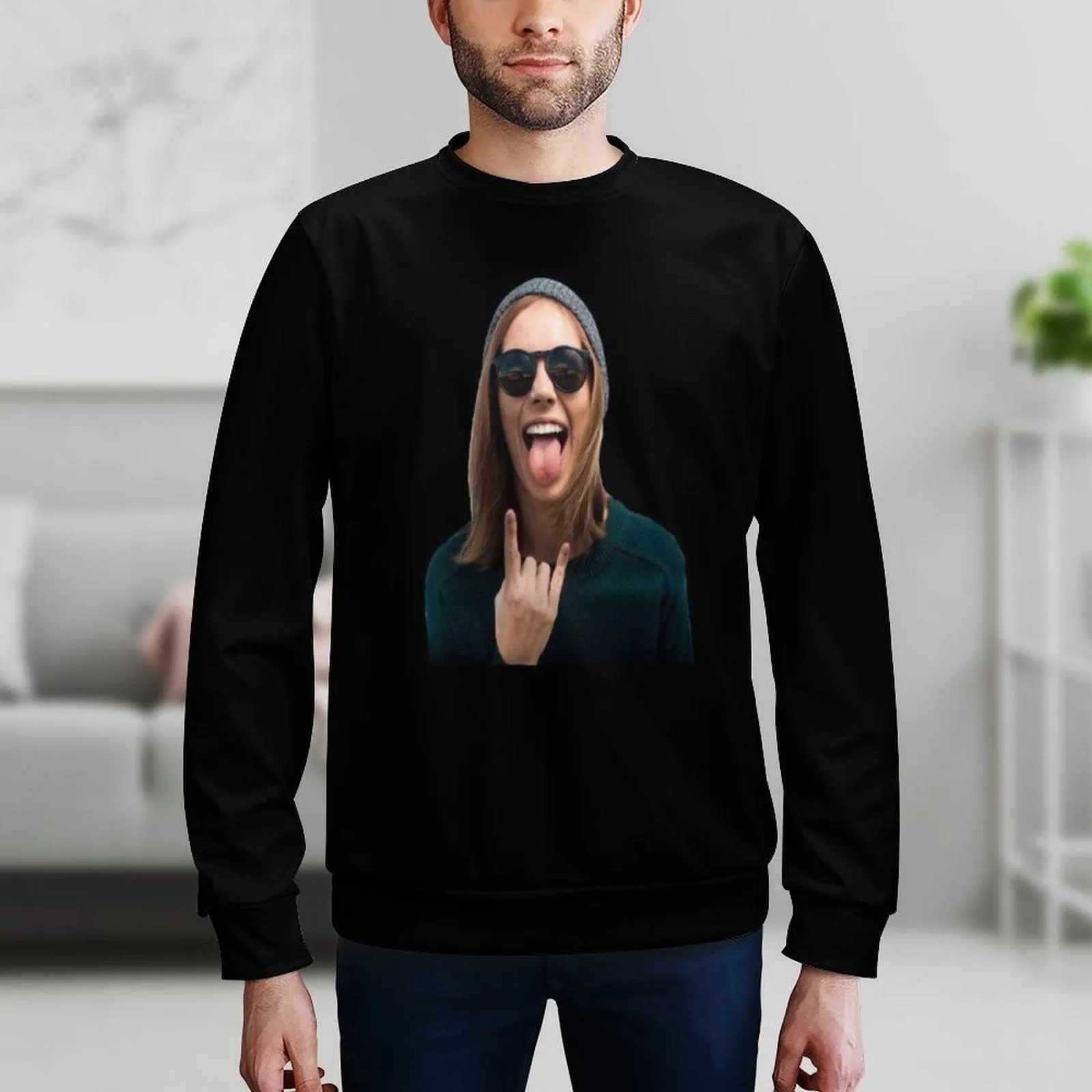 Custom Face Black Loose Sweatshirt Personalized Face All Over Print Crewneck Loose Sweatshirt