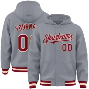 Custom Gray Maroon-Cream Bomber Full-Snap Varsity Letterman Hoodie Jacket