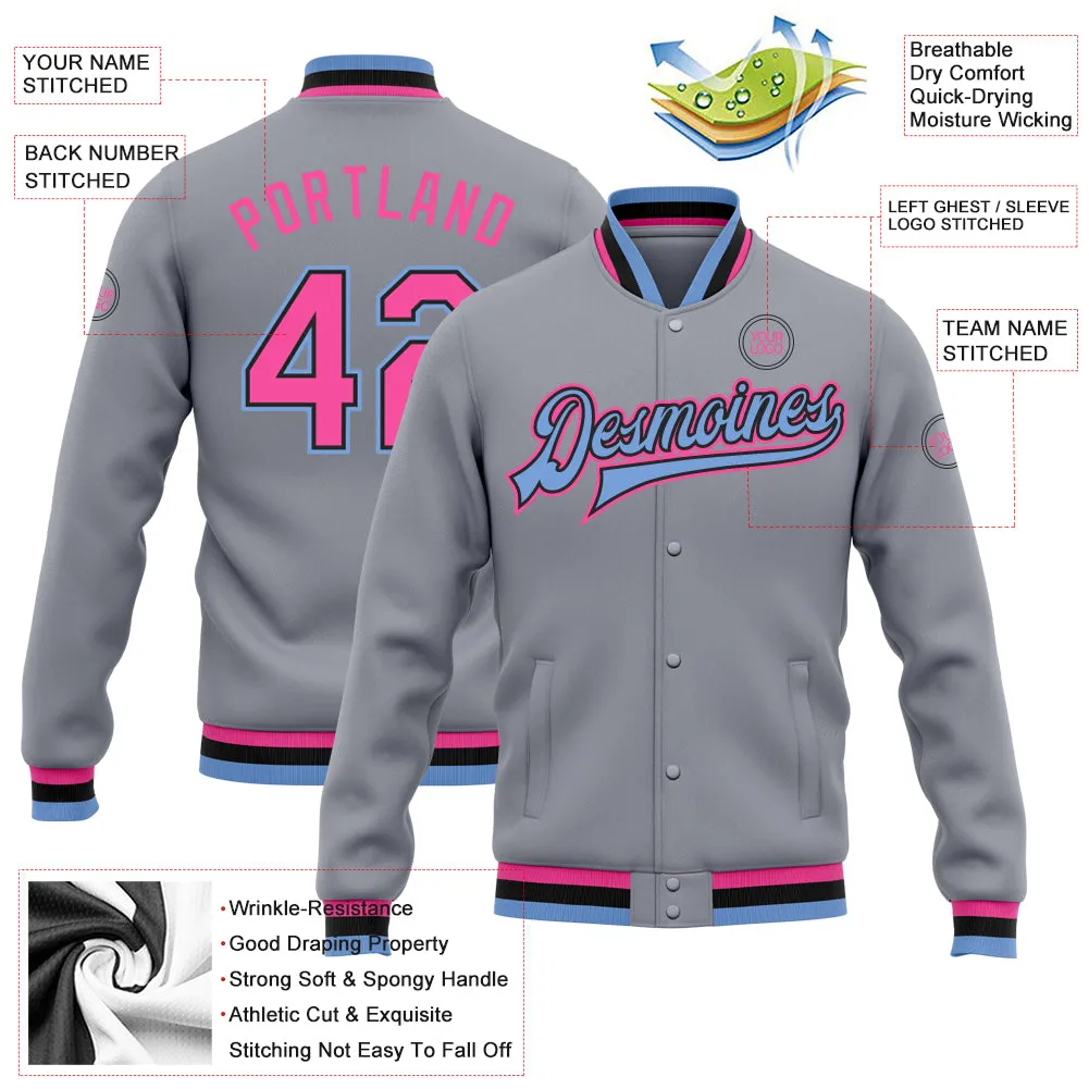 Custom Gray Pink Black-Light Blue Bomber Full-Snap Varsity Letterman Jacket