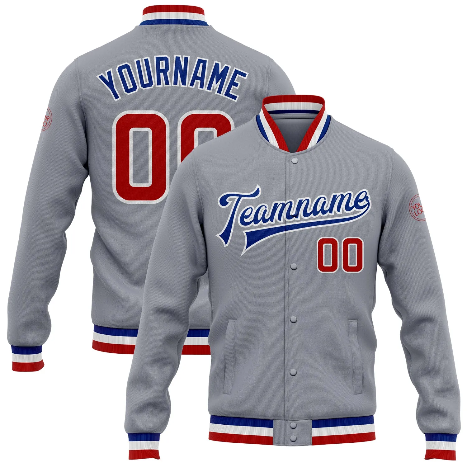 Custom Gray Red-Royal Bomber Full-Snap Varsity Letterman Jacket