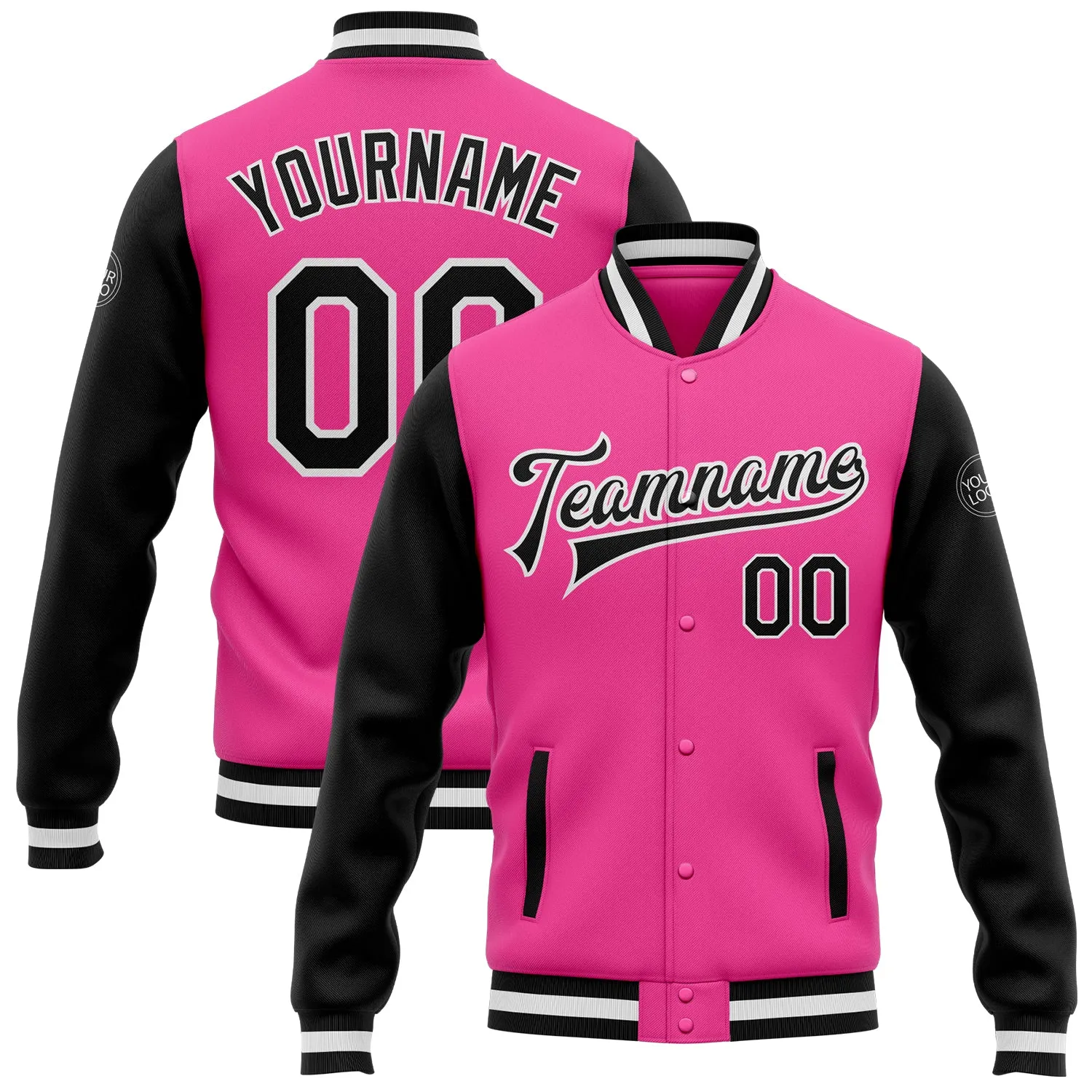 Custom Pink Black-White Bomber Full-Snap Varsity Letterman Two Tone Jacket