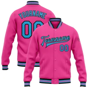 Custom Pink Sky Blue-Black Bomber Full-Snap Varsity Letterman Jacket