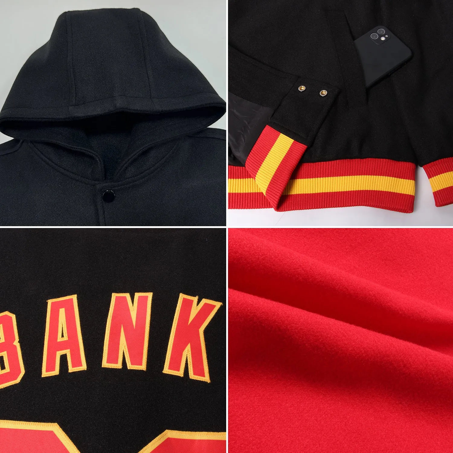 Custom Red Black-Gold Bomber Full-Snap Varsity Letterman Two Tone Hoodie Jacket