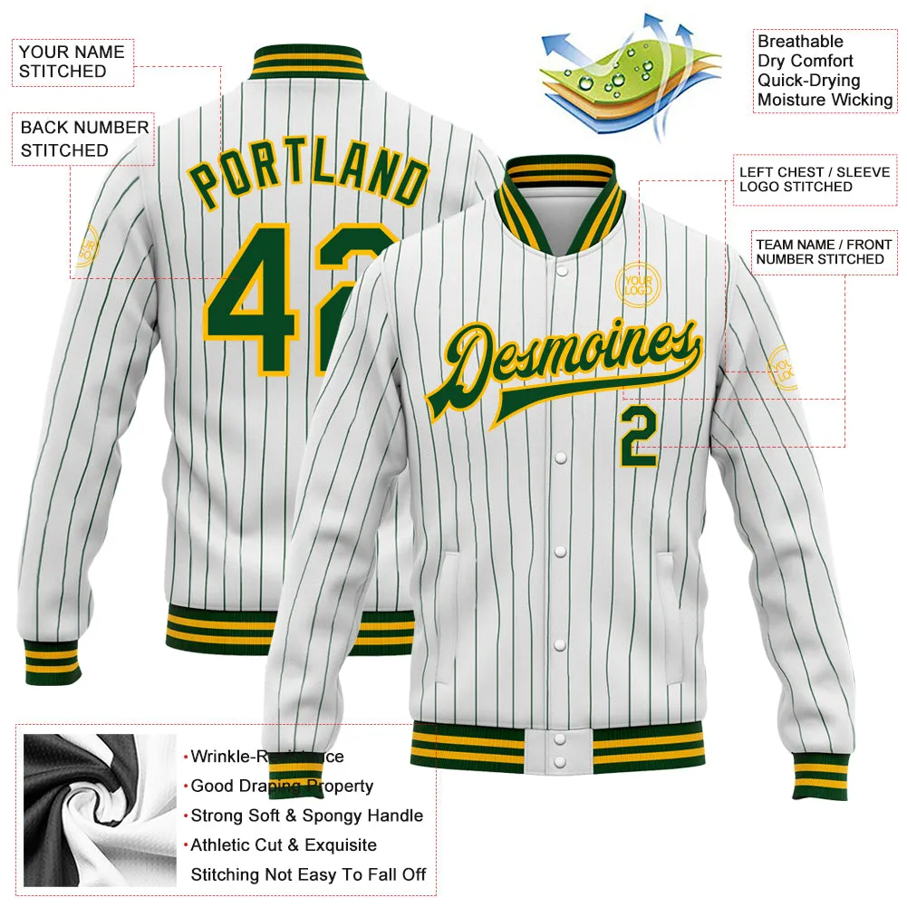 Custom White Green Pinstripe Gold Bomber Full-Snap Varsity Letterman Jacket