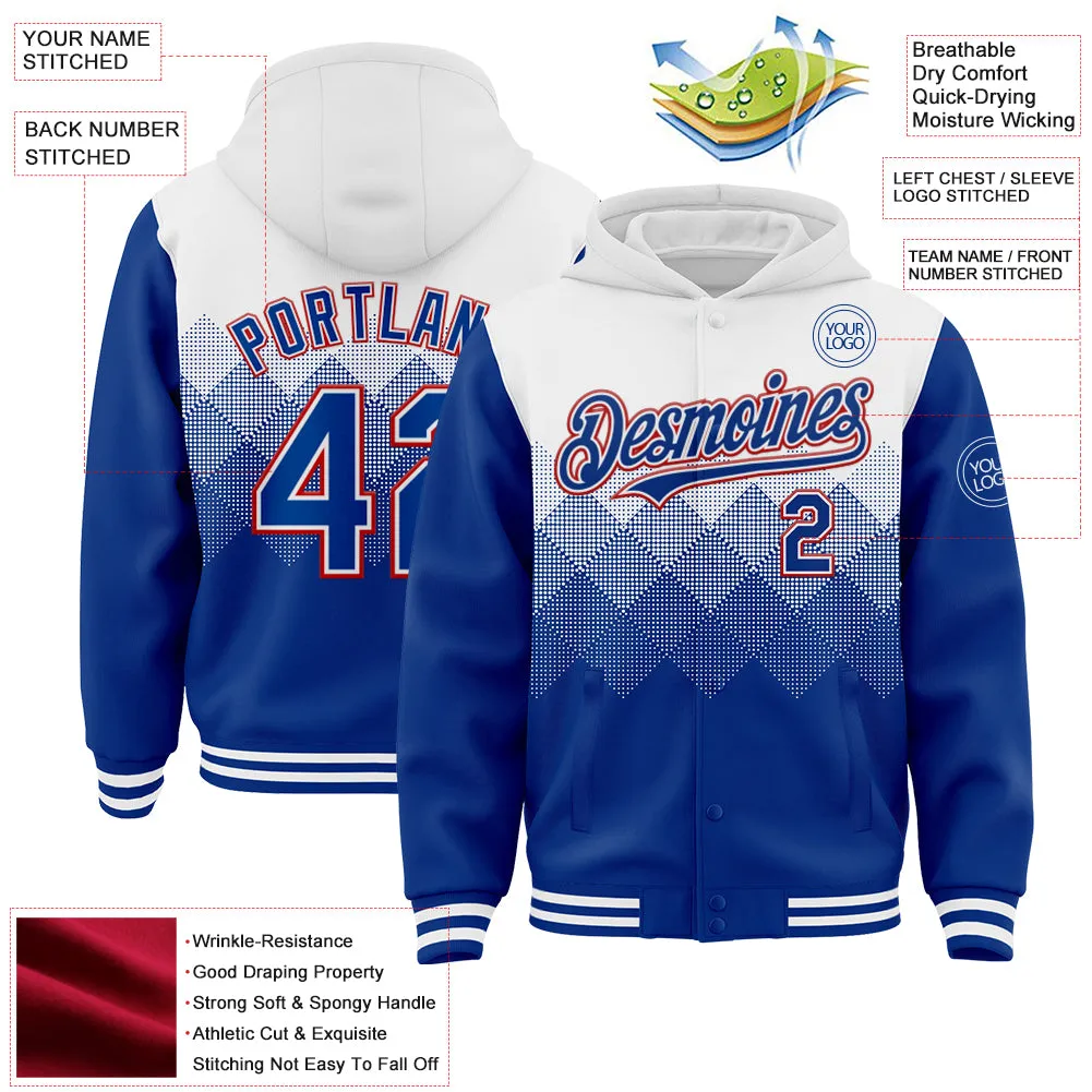 Custom White Royal-Red Gradient Square Shape 3D Pattern Design Bomber Full-Snap Varsity Letterman Hoodie Jacket