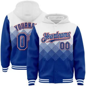 Custom White Royal-Red Gradient Square Shape 3D Pattern Design Bomber Full-Snap Varsity Letterman Hoodie Jacket