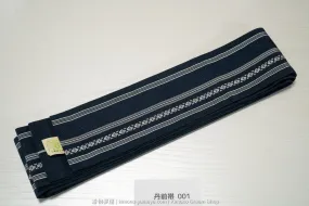 Dark Blue Silk Tanzen Obi - Lightweight Men's Informal Kimono Belt - Silver Kejogara Pattern