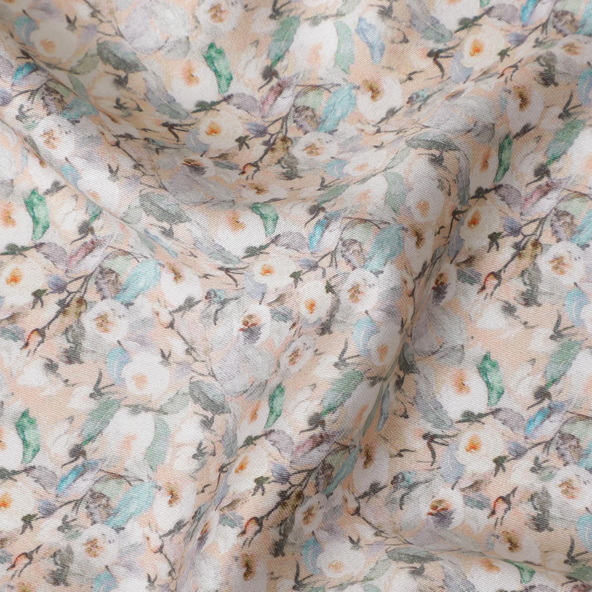 Delicate Cream with Pastel Floral Cotton Satin Fabric, 110 cm Width-20062