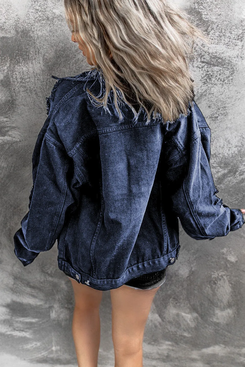 Distressed Buttons Chest Pockets Denim Jacket