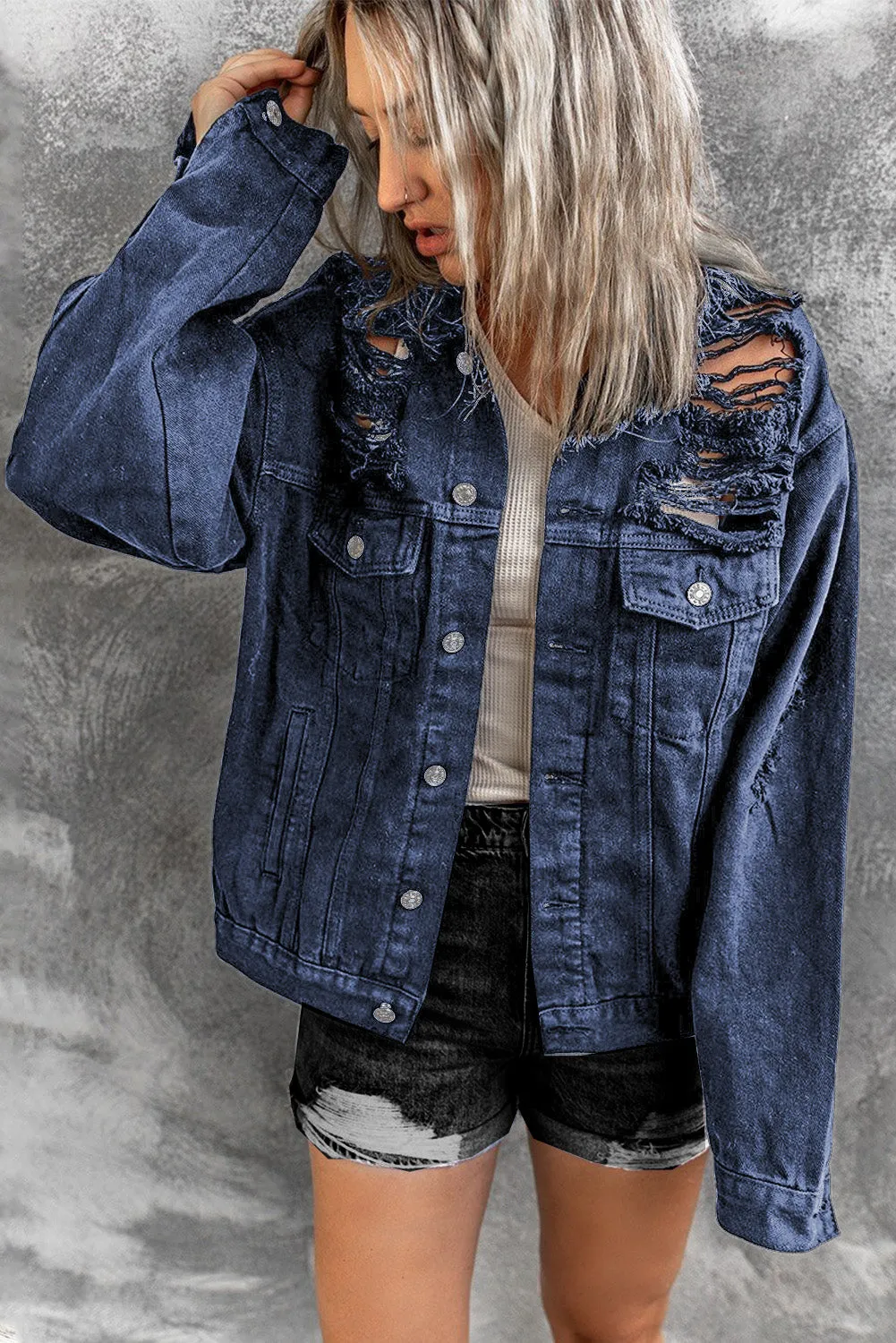 Distressed Buttons Chest Pockets Denim Jacket