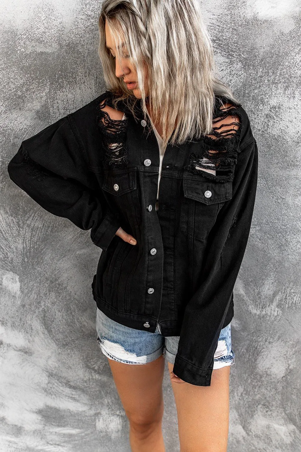 Distressed Buttons Chest Pockets Denim Jacket