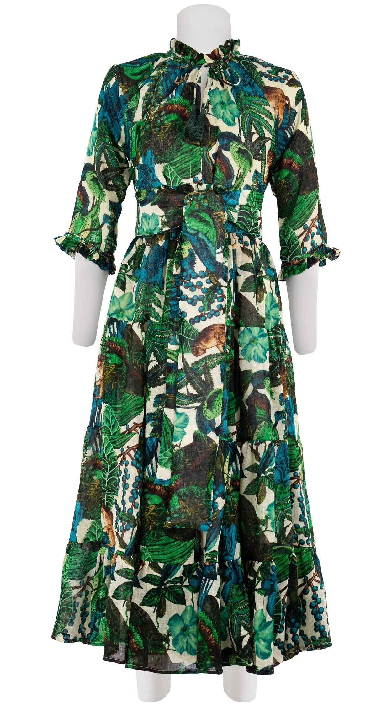 Eden Dress Crew Neck 3/4 Sleeve with Hamilton Belt Midi Plus Length Linen (Dreamy Jungle)