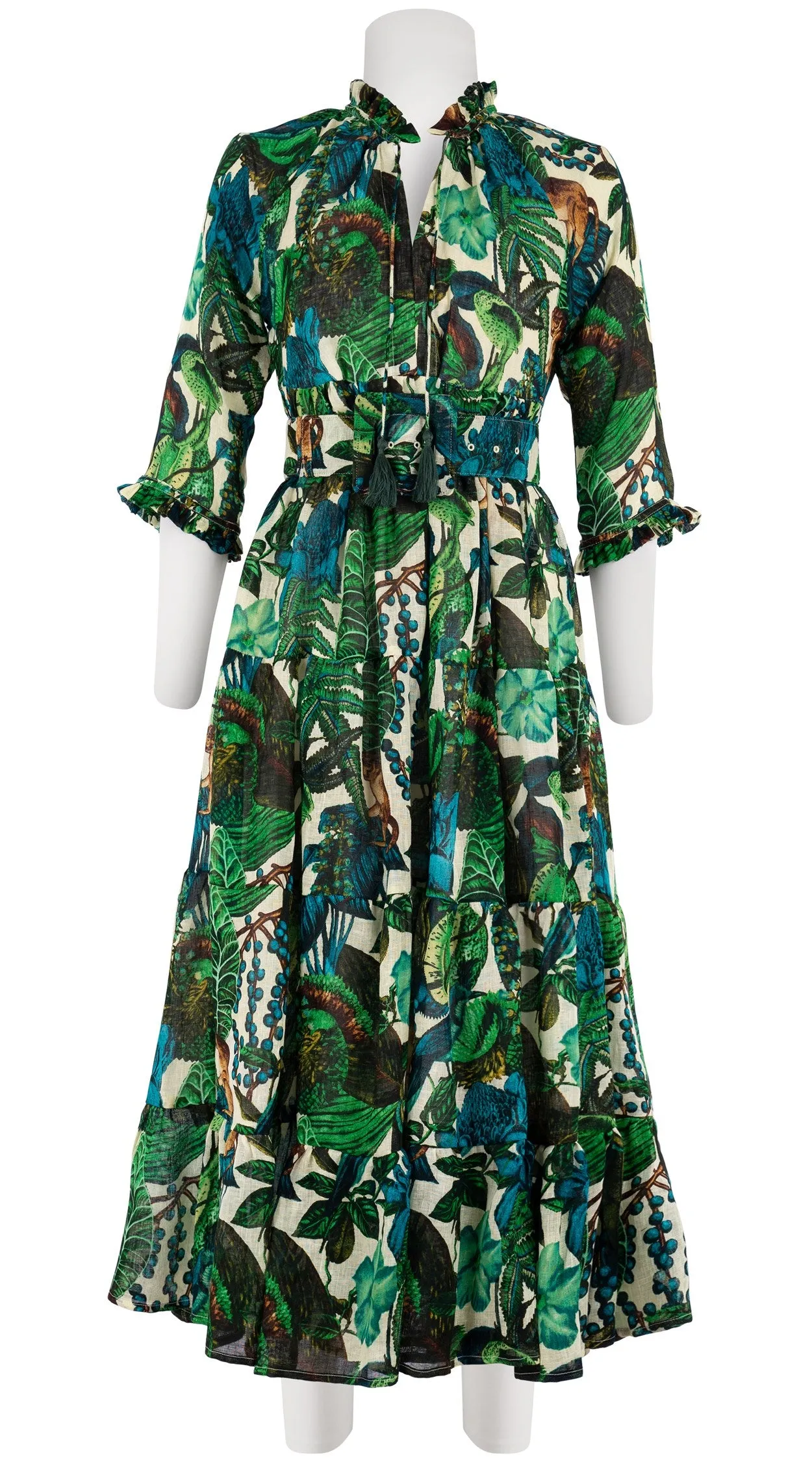 Eden Dress Crew Neck 3/4 Sleeve with Hamilton Belt Midi Plus Length Linen (Dreamy Jungle)